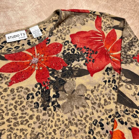 Vintage 90s Studio T's Chicos Animal Print Floral Beaded 3/4 Sleeve Boho Euro - Picture 5 of 7